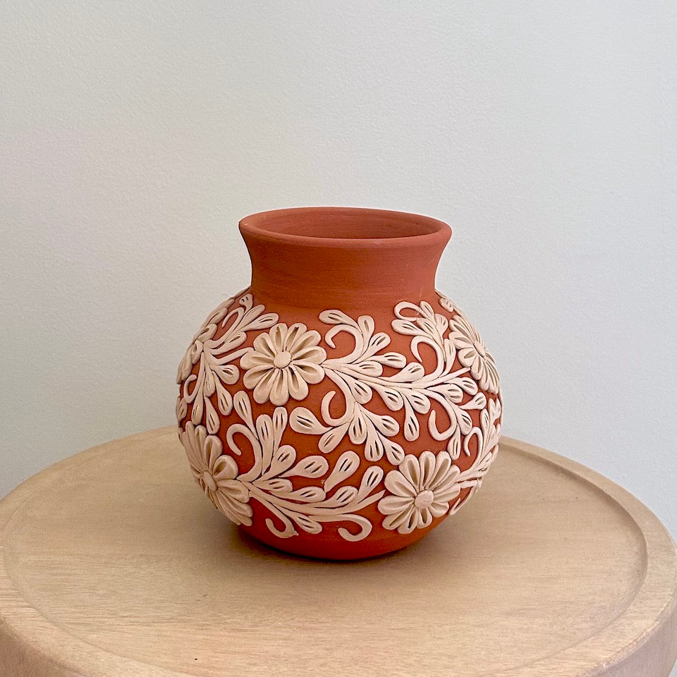 Medium Floral Atzompa Embroidered Clay Vase