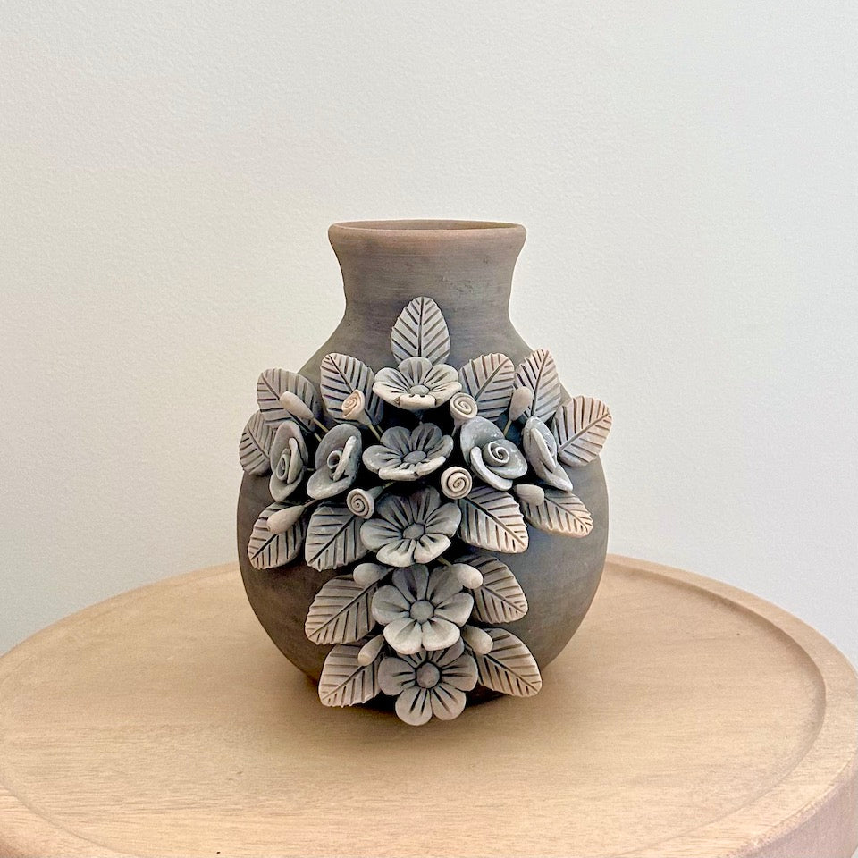 Ahumado (Smoked) Oval Atzompa Floral Clay Vase