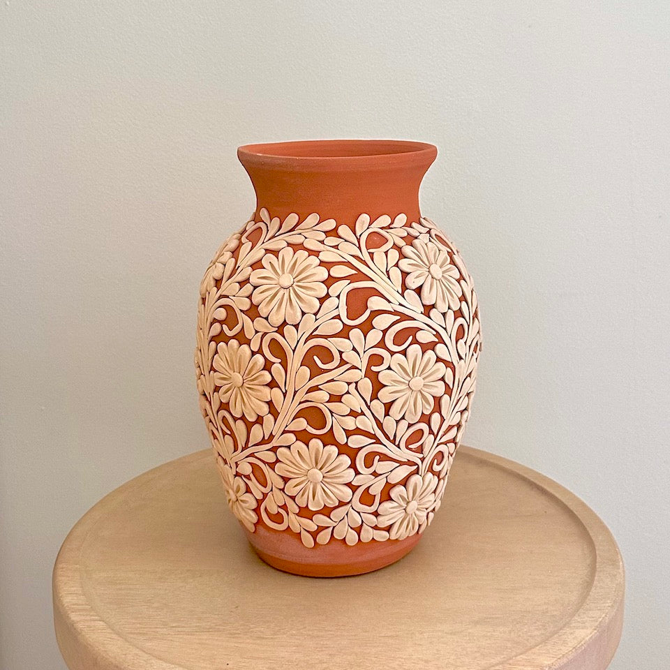 Large Floral Atzompa Embroidered Clay Vase