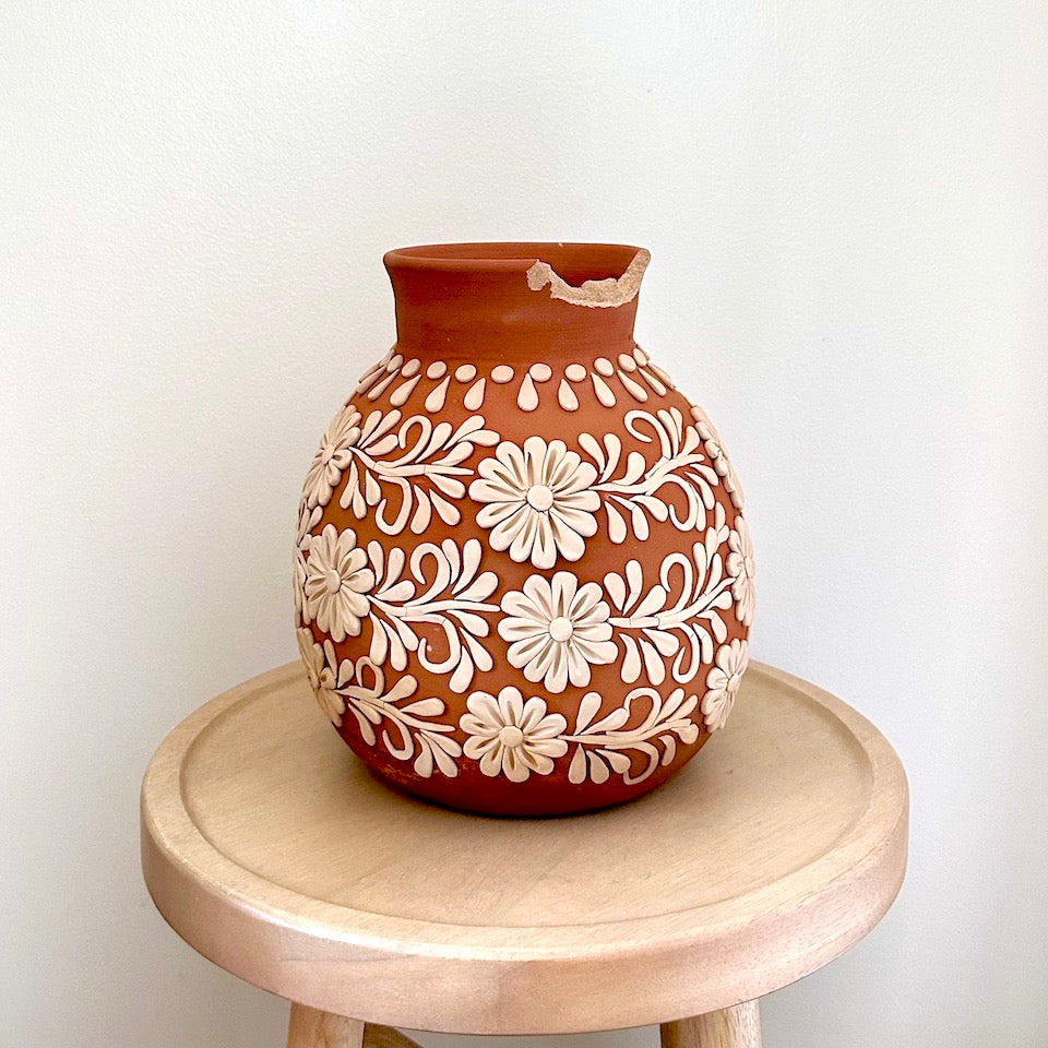 Large Floral Atzompa Embroidered Clay Vase - Damaged