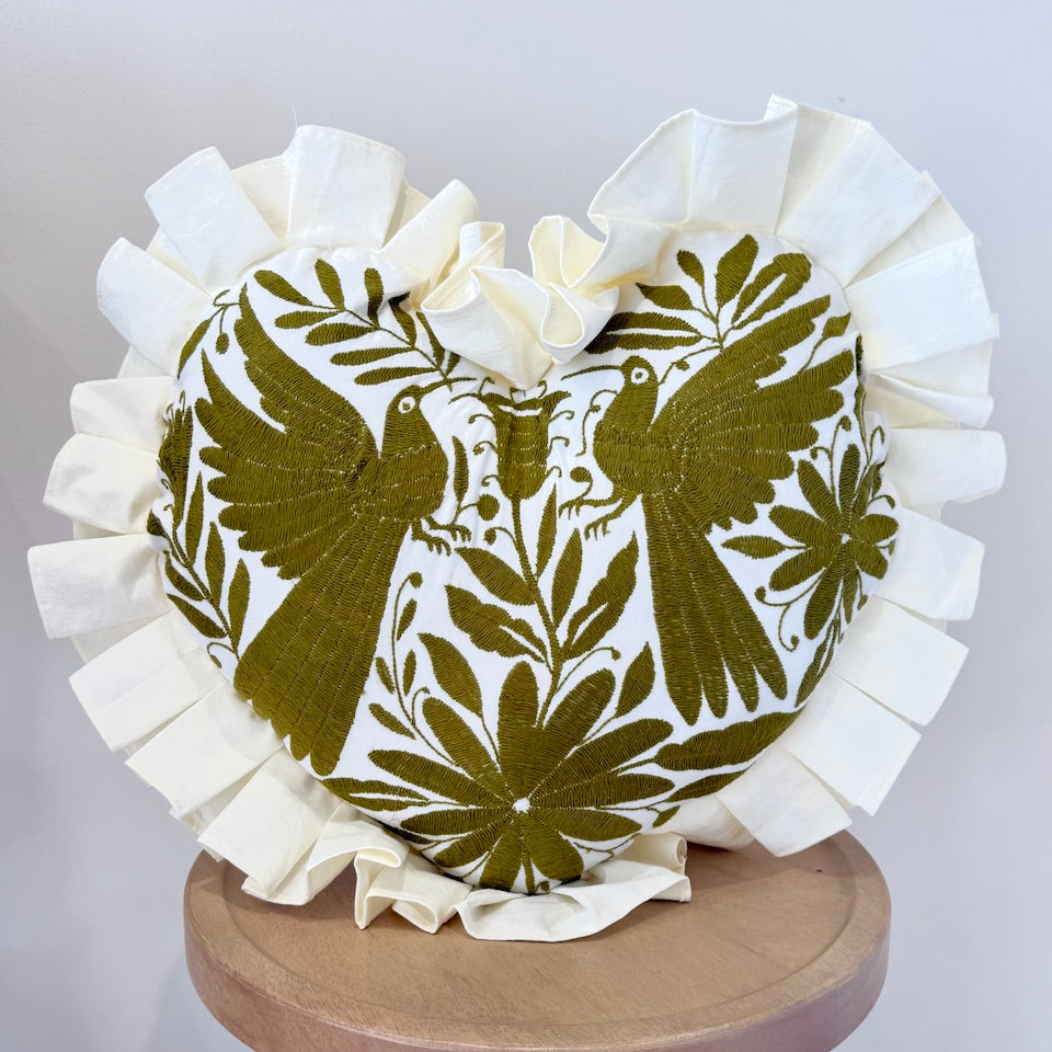 Olive Green Heart Shaped Otomi Pillow Cover with Fringe
