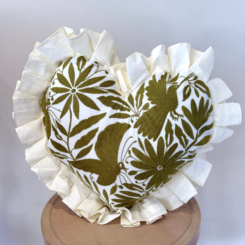 Olive Green Heart Shaped Otomi Pillow Cover with Fringe