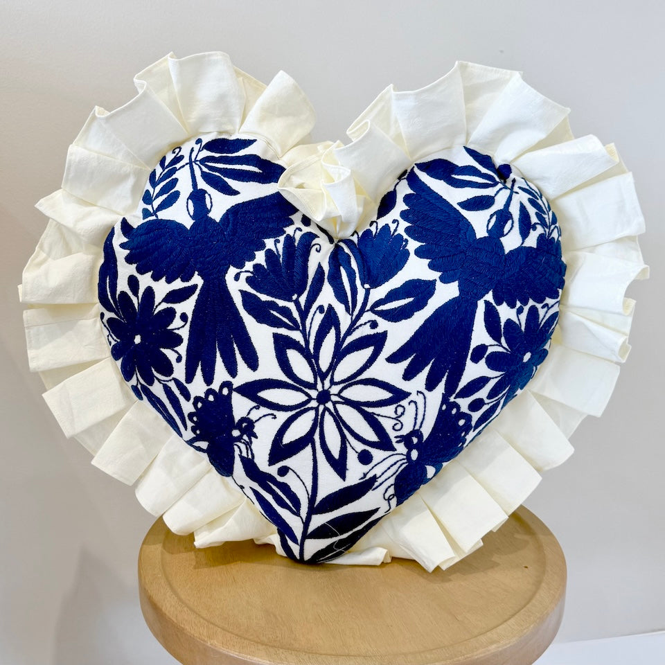 Royal Blue Heart Shaped Otomi Pillow Cover with Fringe