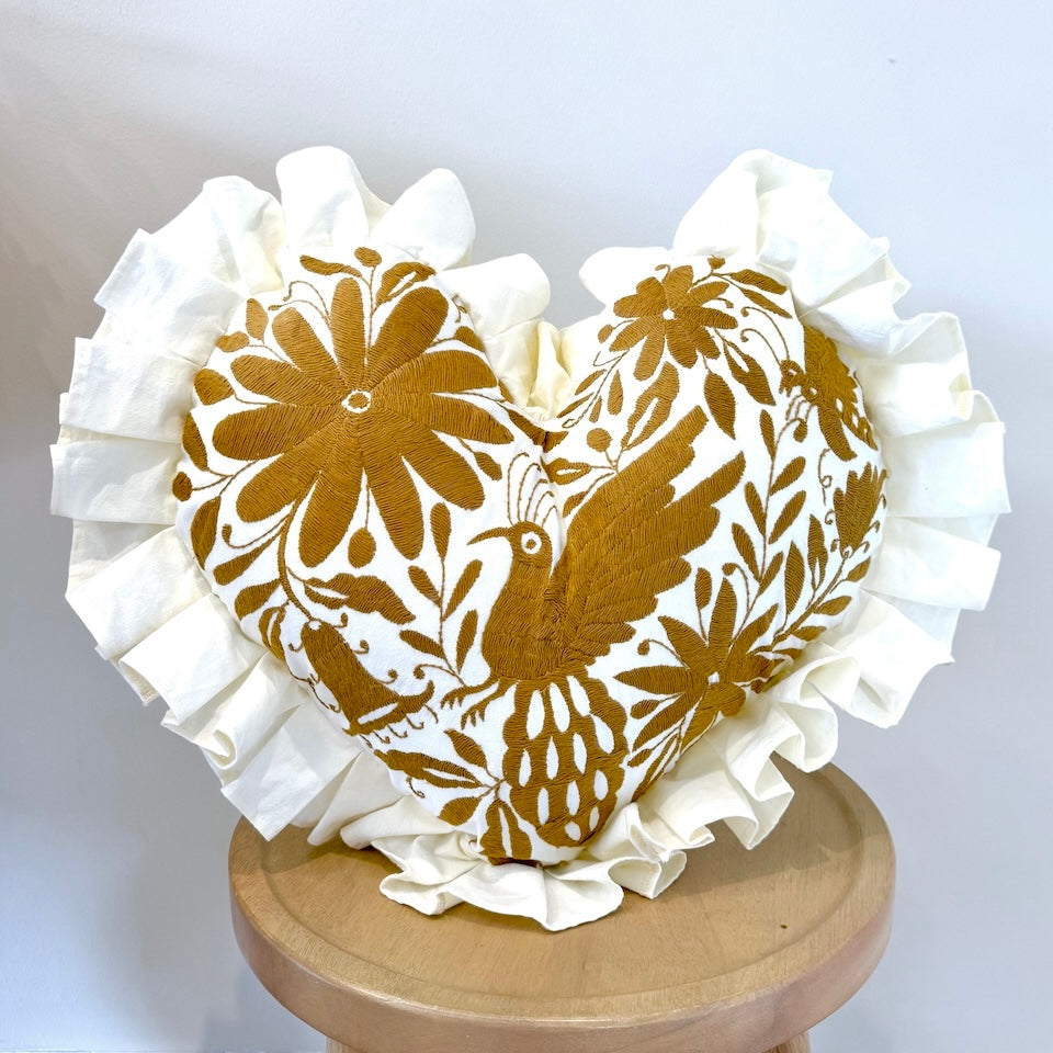 Gold Heart Shaped Otomi Pillow Cover with Fringe