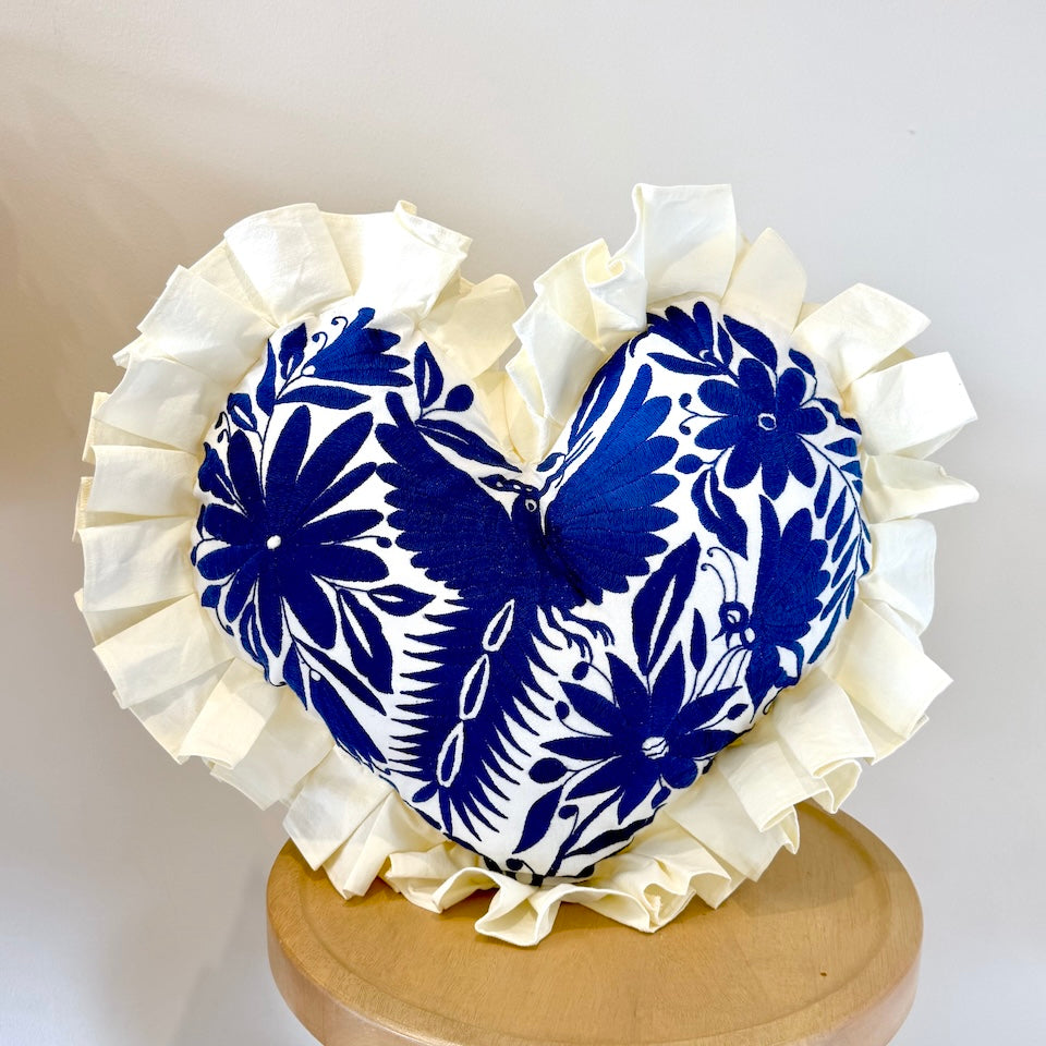 Royal Blue Heart Shaped Otomi Pillow Cover with Fringe