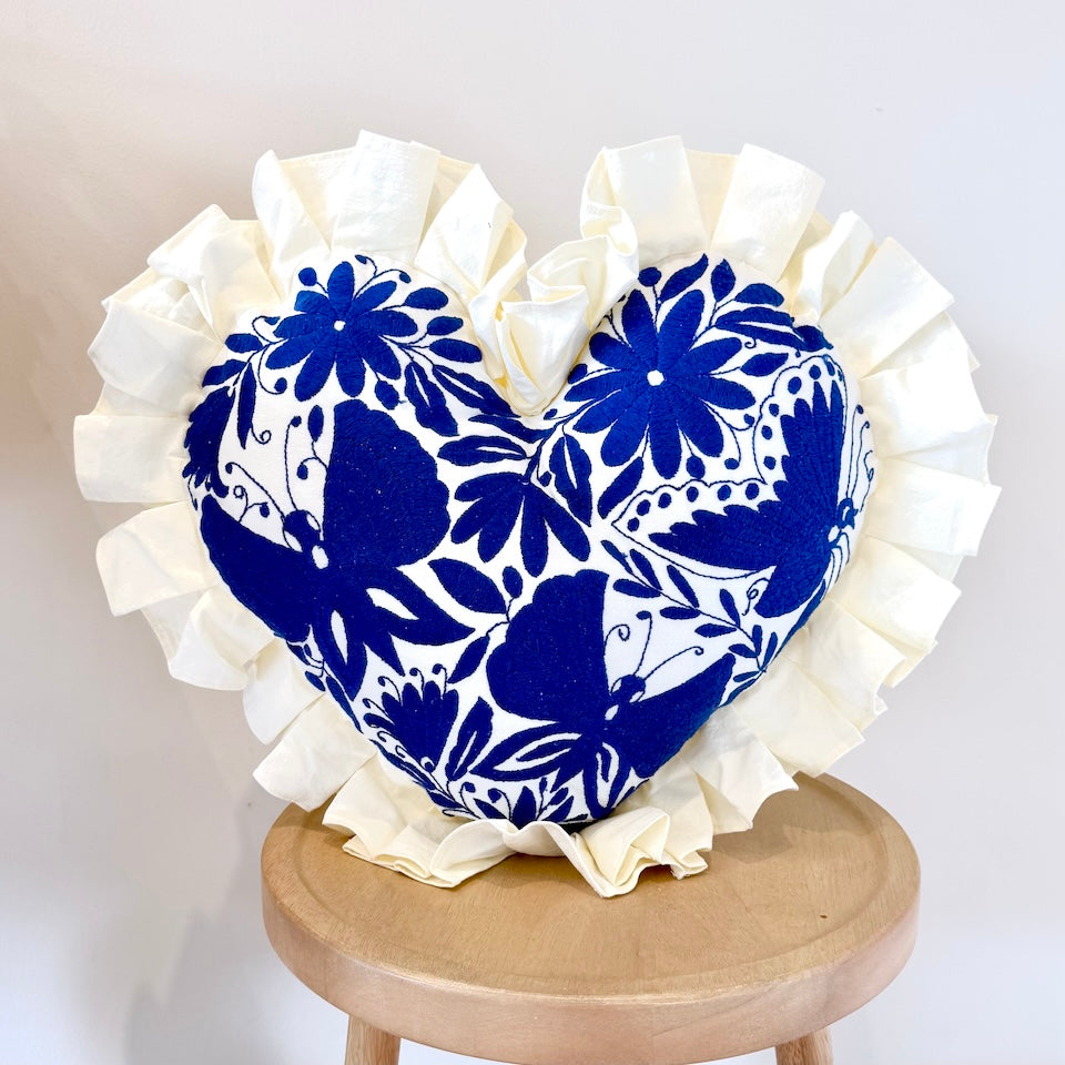 Royal Blue Heart Shaped Otomi Pillow Cover with Fringe