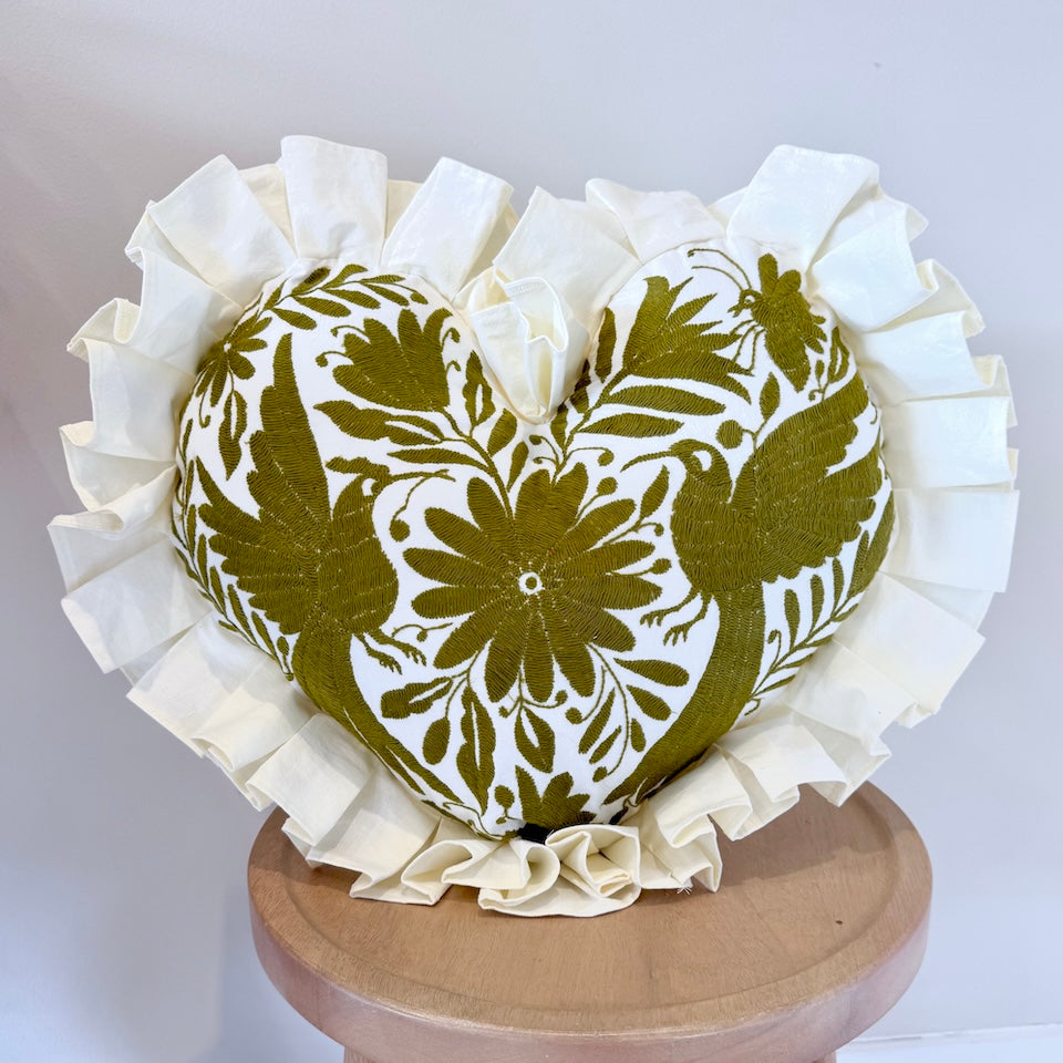 Olive Green Heart Shaped Otomi Pillow Cover with Fringe