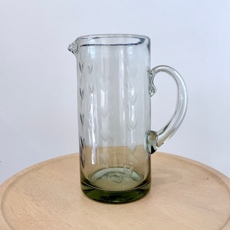 Clear Long Heart Etched Glass Pitcher
