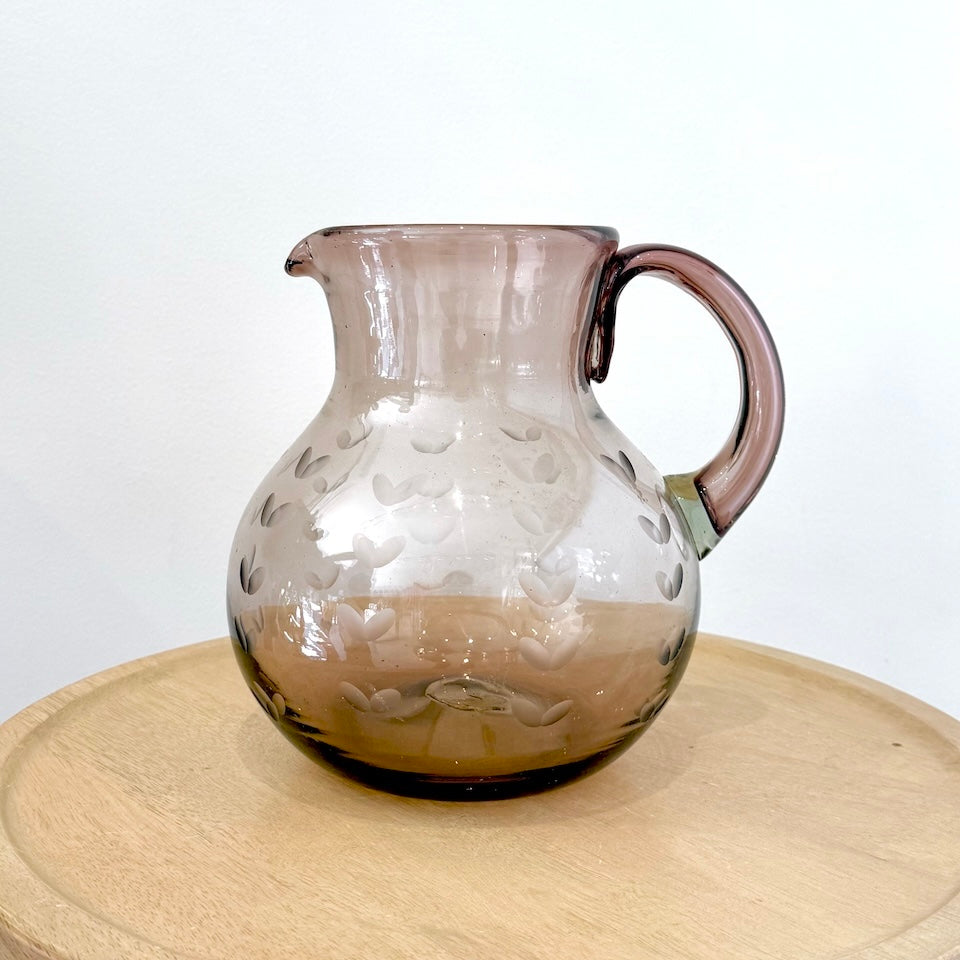 Round Amethyst Etched Glass Pitcher