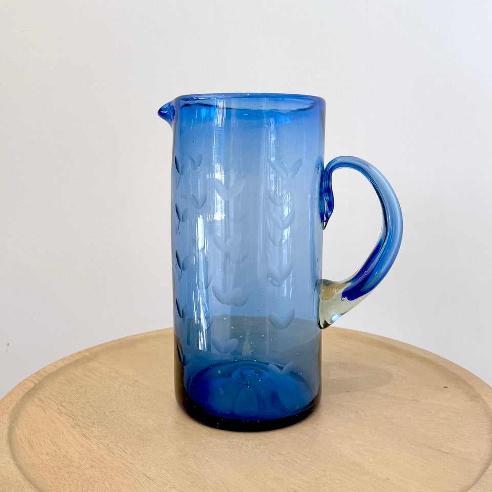Blue Long Heart Etched Glass Pitcher