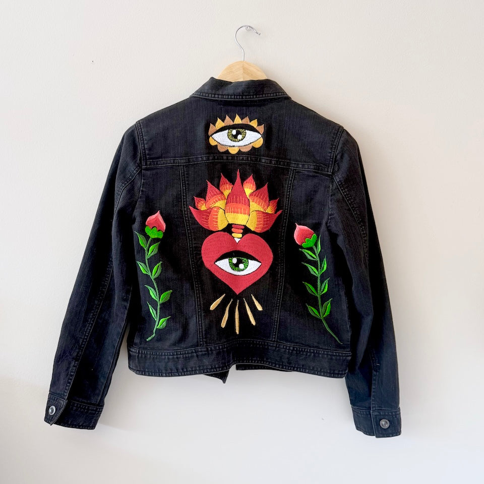 Small Black Denim Corazon Sagrado Embroidered Jacket
