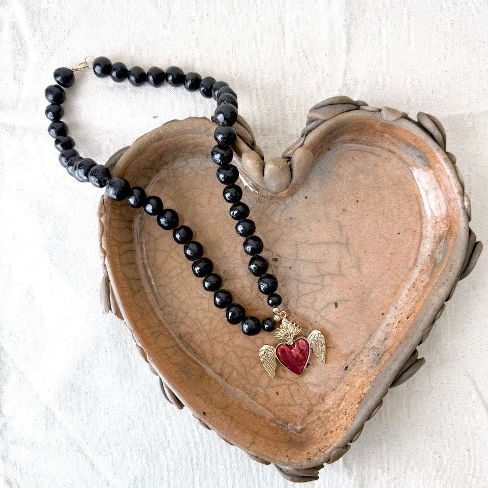 Barro Negro Red Sacred Heart with Wings Necklace