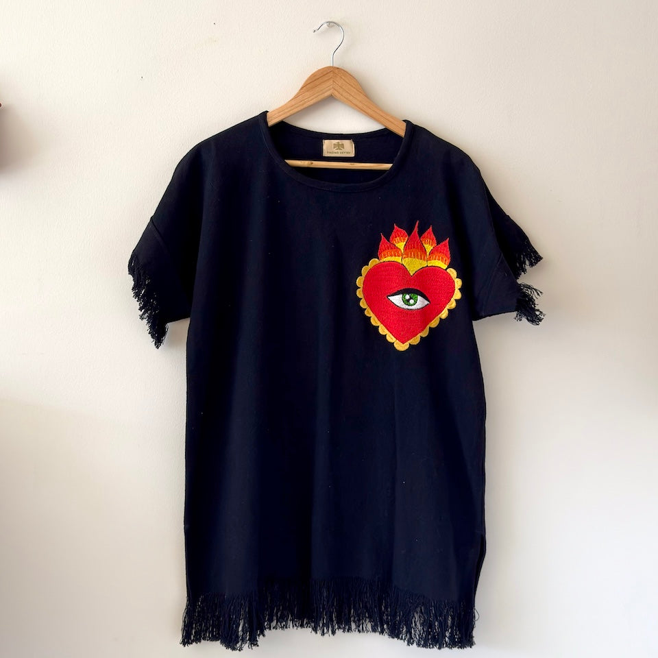 Black Cotton Top with Sacred Heart Embroidery