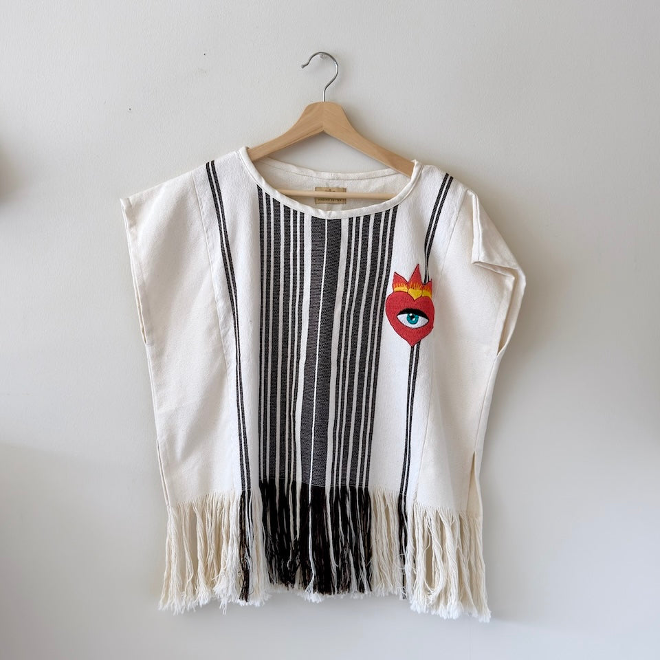 Black &amp; Cream Striped Top with Sacred Heart Embroidery