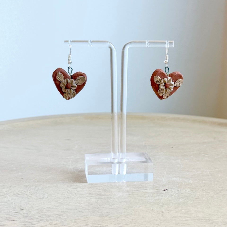 Atzompa Heart Pastillaje Flower Earrings