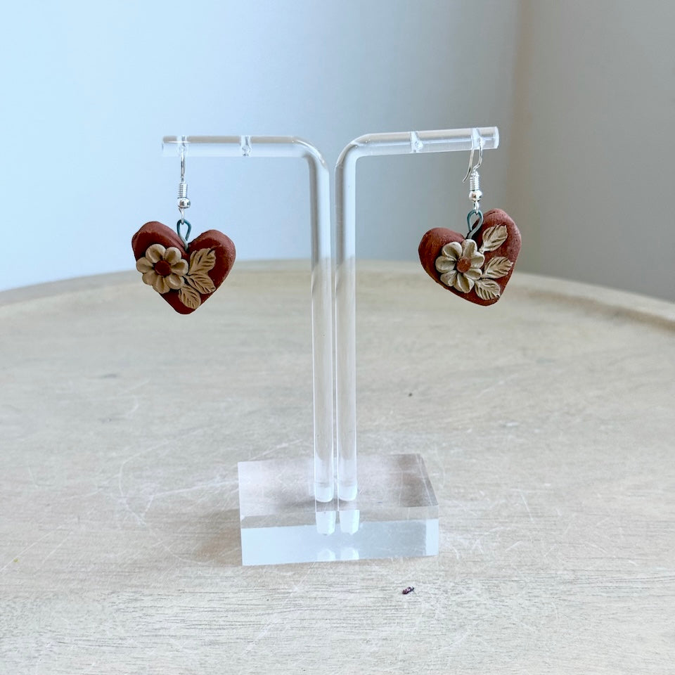 Atzompa Heart Pastillaje Flower Earrings