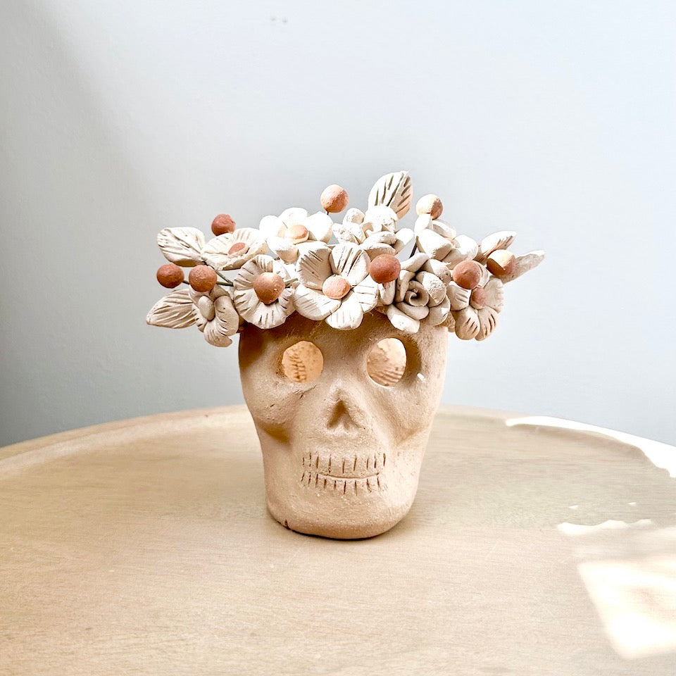Natural Catrina Clay Skull Candleholder
