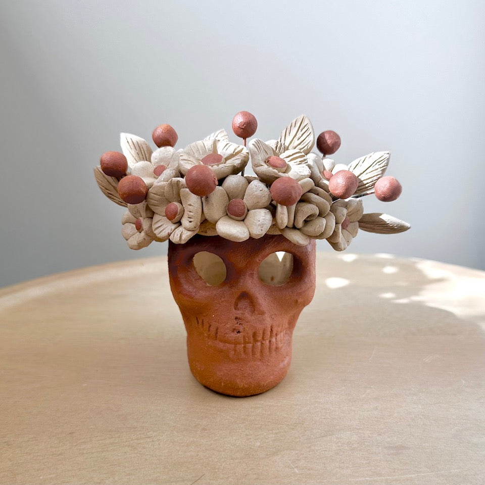 Small Catrina Clay Skull Candleholder
