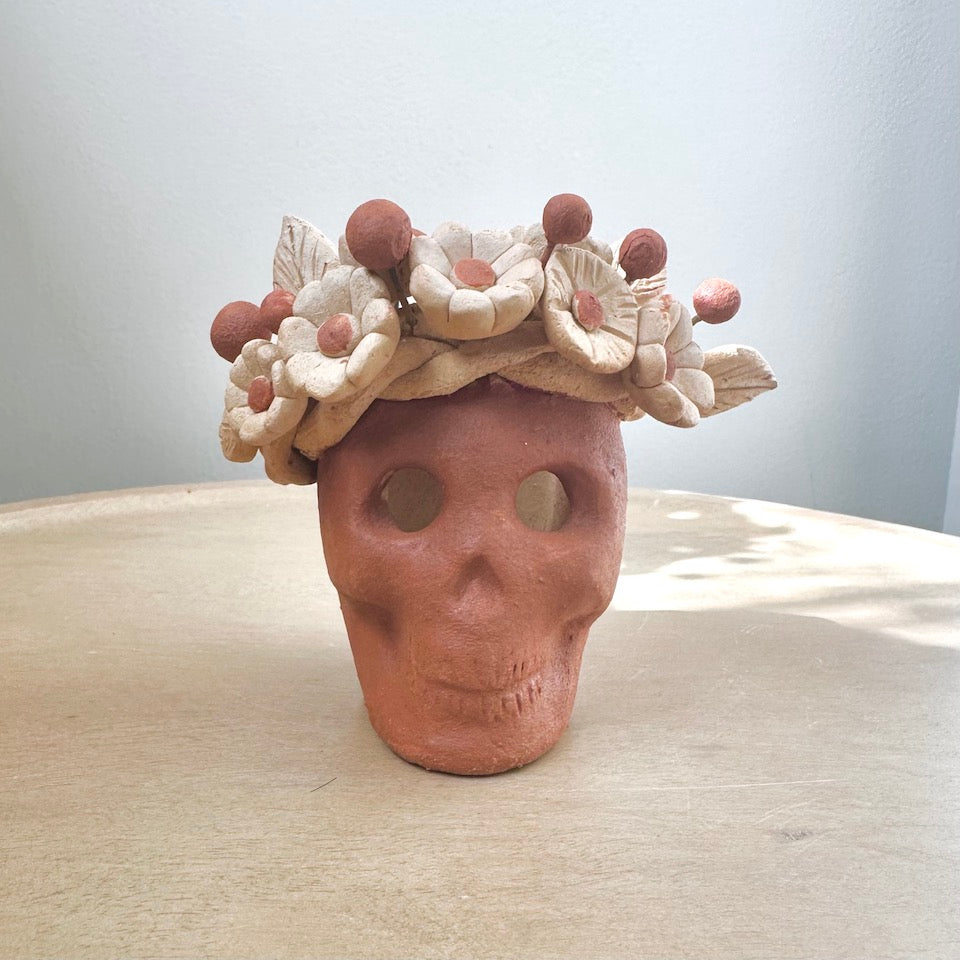 Mini Catrina Clay Skull Candleholder