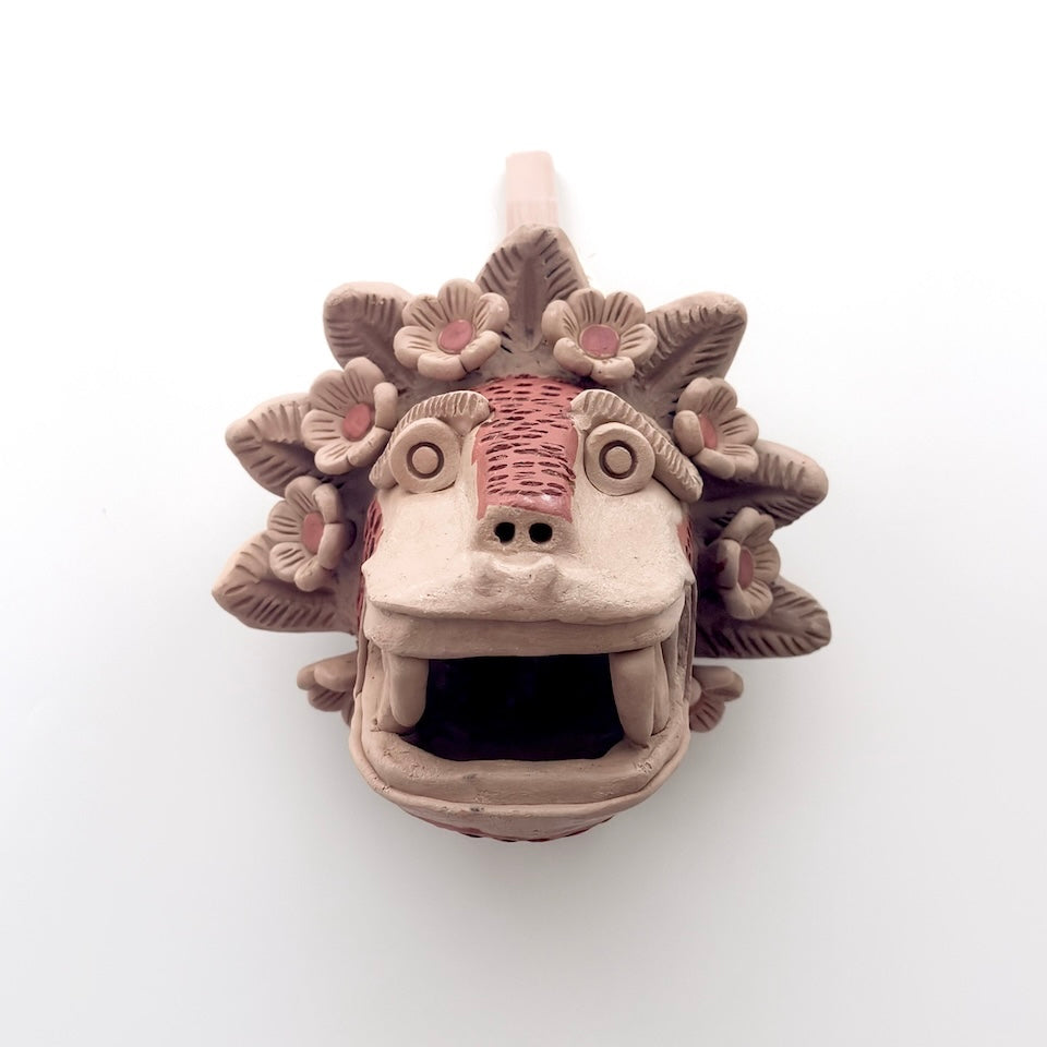 Large Cream and Red Quetzalcoatl Clay Mask with Flowers Wall Decor
