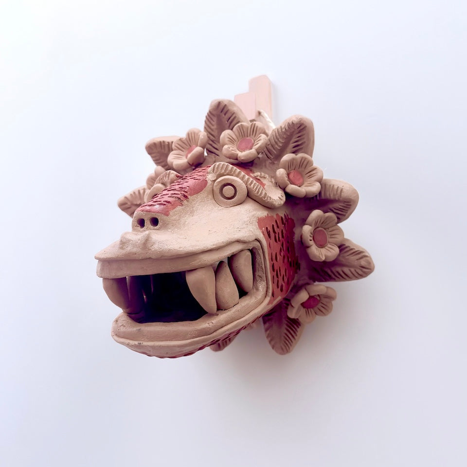 Large Cream and Red Quetzalcoatl Clay Mask with Flowers Wall Decor