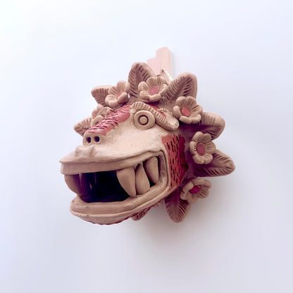 Large Cream and Red Quetzalcoatl Clay Mask with Flowers Wall Decor