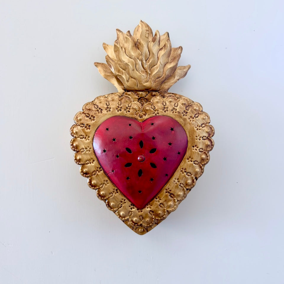 Large Red &amp; Gold 3D Sacred Tin Heart