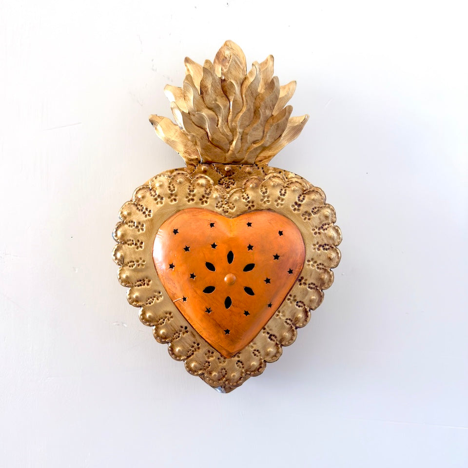 Large Orange &amp; Gold 3D Sacred Tin Heart