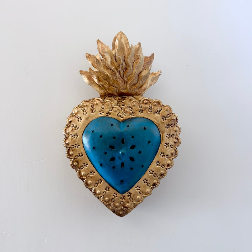 Large Blue &amp; Gold 3D Sacred Tin Heart