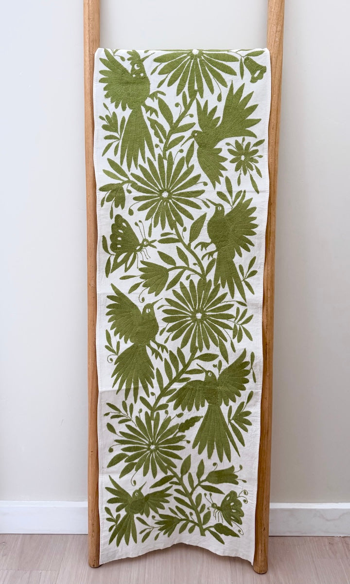 Traditional Olive Green Otomi Table Runner