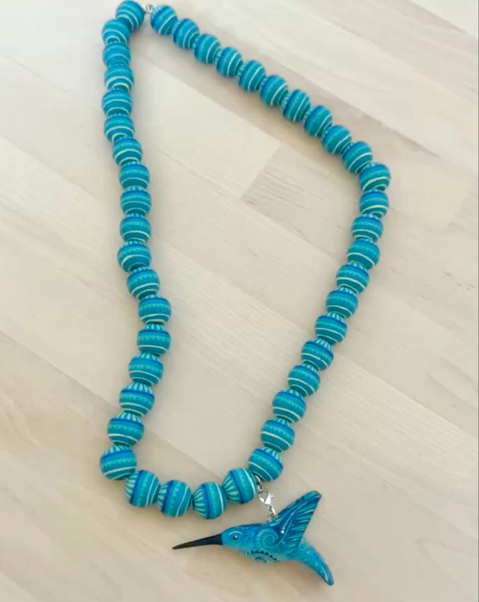 Turquoise Beaded Alebrije Necklace with Hummingbird