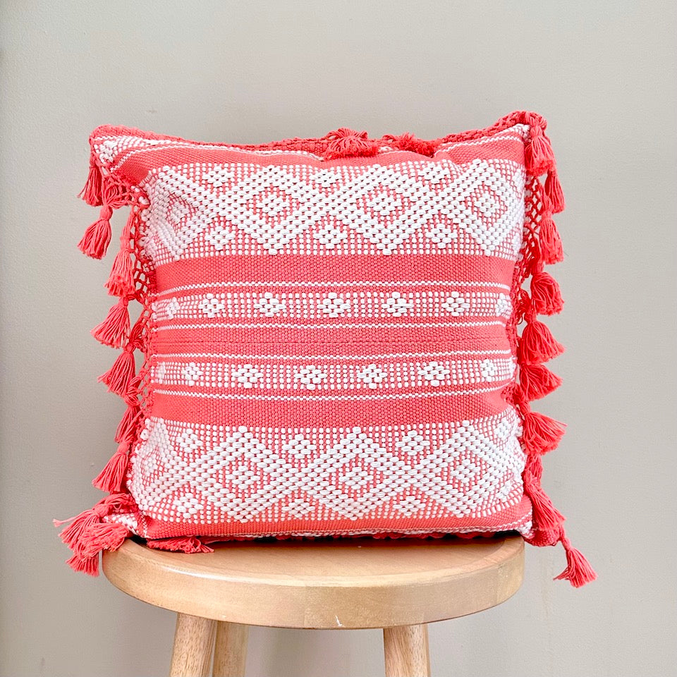 Boho Oaxacan Waistloom Pillow - Pink &amp; White